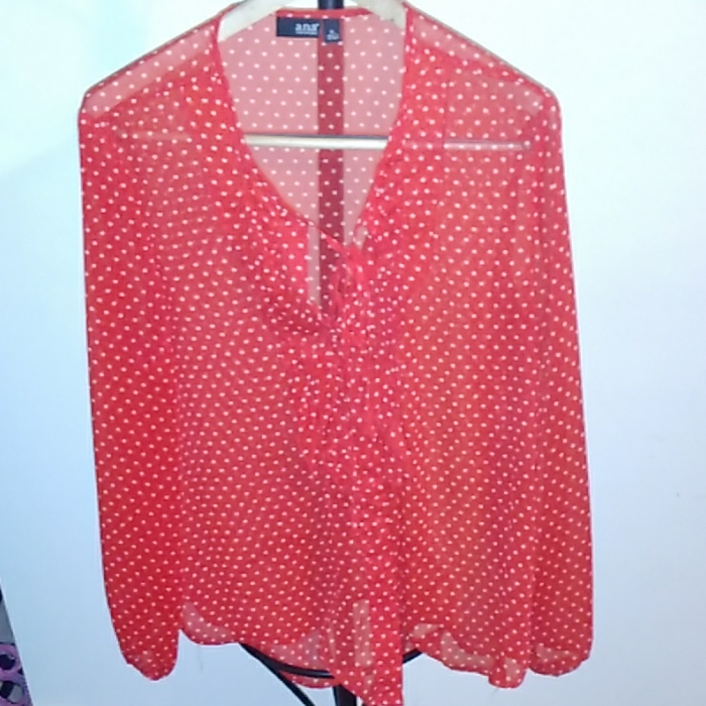 Red sheer polka white blouse